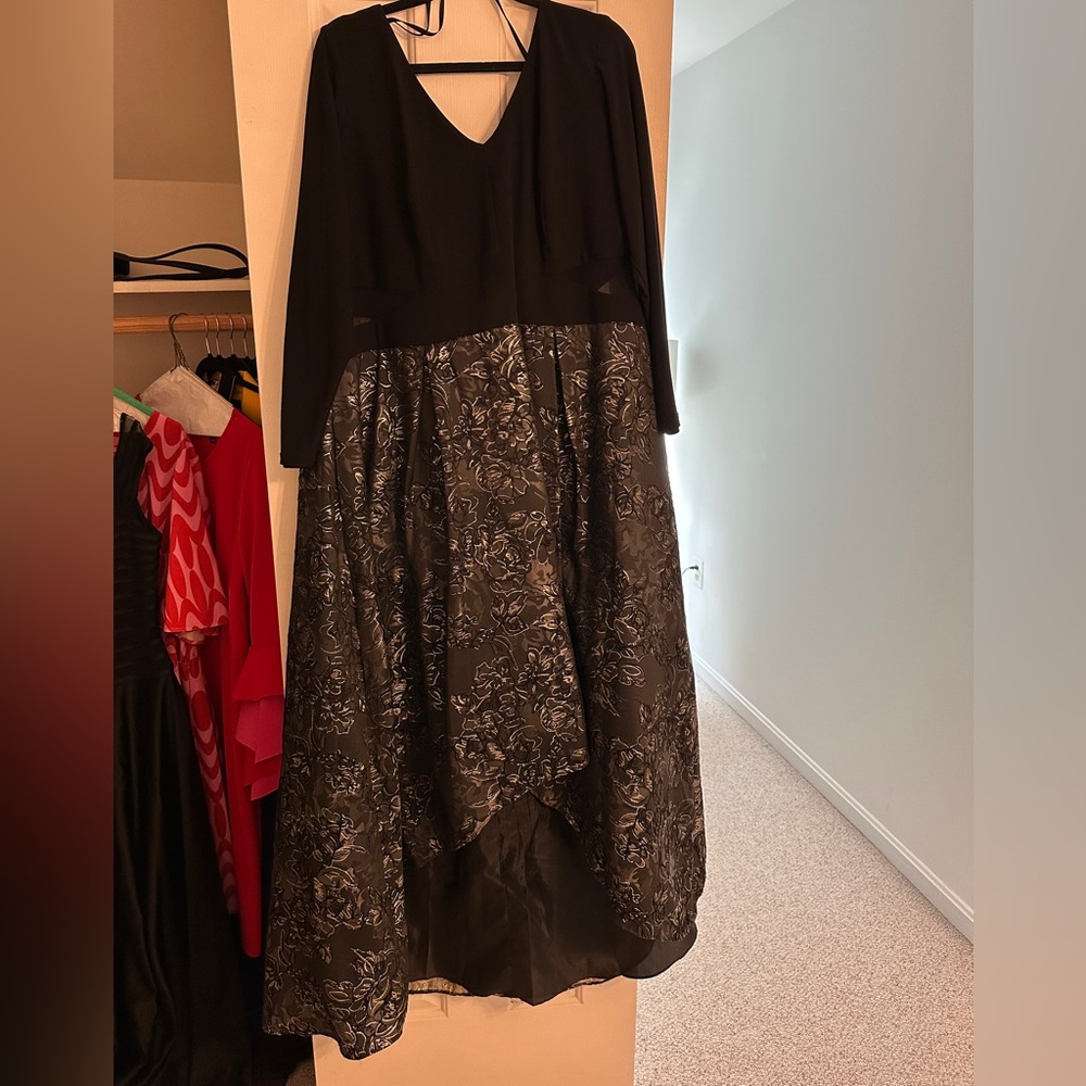 Black High-Lo Evening Dress with gold and silver embroidery